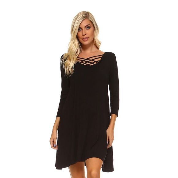 Black Knit Criss Cross Neckline Swing Dress - Picture 2 of 4